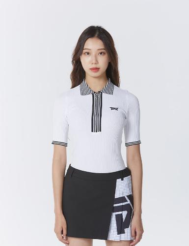 [PXG] 여성 골프웨어 스트라이프 폴로 카라 반팔 티셔츠 화이트